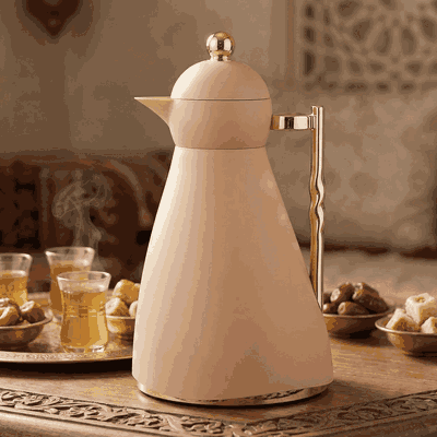 ترمس نور جلوري، 1 لتر، حافظة داخلية زجاج، ضغاط، يد ذهبي- بيج product image 2