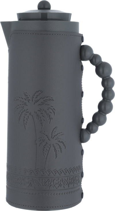 Al Saif Gallery Royal 7T thermos, 1 liter, leather covered, palm pattern, glass inner case, plastic outer case - dark gray product image 2