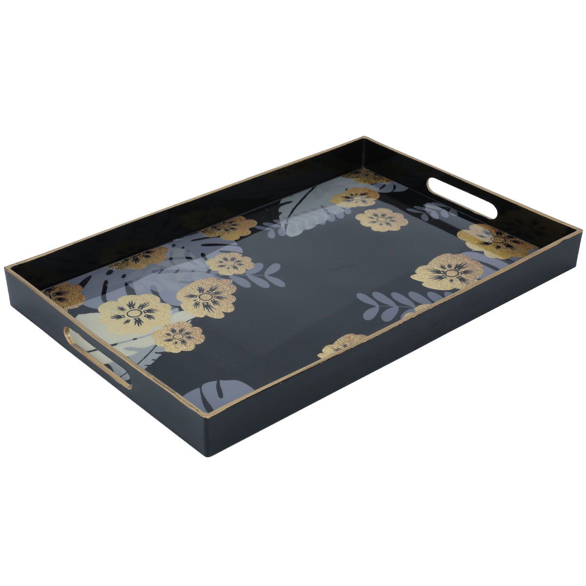 Al Saif Gallery Acrylic Serving Tray with Wooden Edges, 46 x 30 x 4 cm, Rectangle, Rose Pattern - Black product image