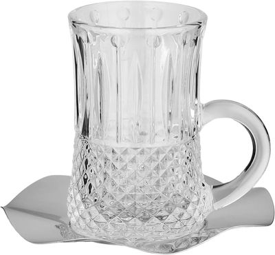 طقم تقديم فناجين وبيالات زجاج، 18 قطعة، صحون استيل، 12 سم - شفاف فضي product image 3