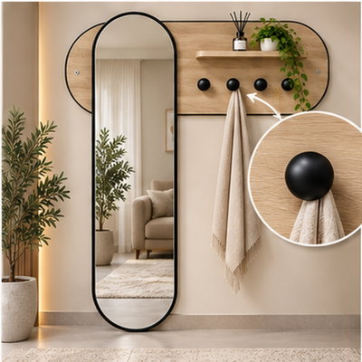 مرآة مدخل منزل تريو زجاج، 80×120×30 سم، لوح تعليق خشبي، خطافات تعليق معدنية - بيج product image 3