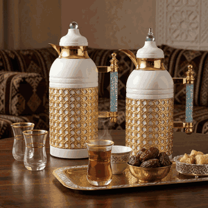 Al Saif Gallery Sarah thermos set, 1 liter, crystal handle, thermal glass inner case, steel outer case - white and golden product image 2