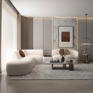 Modern L-shaped Swedish wood sofa, 300x280 cm, with pouf, chenille fabric - white product image