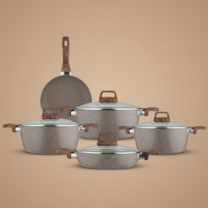 طقم قدور جرانيت روكي، 9 قطع، مسكة يد خشبي، غطاء زجاج - بني product image