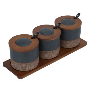 Al Saif Gallery marble spice box set, 3 pieces, lid, wooden stand - brown product image 2
