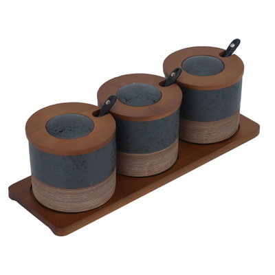 طقم علب بهارات رخام السيف غاليري، 3 قطع، غطاء، ستاند خشبي - بني product image 2