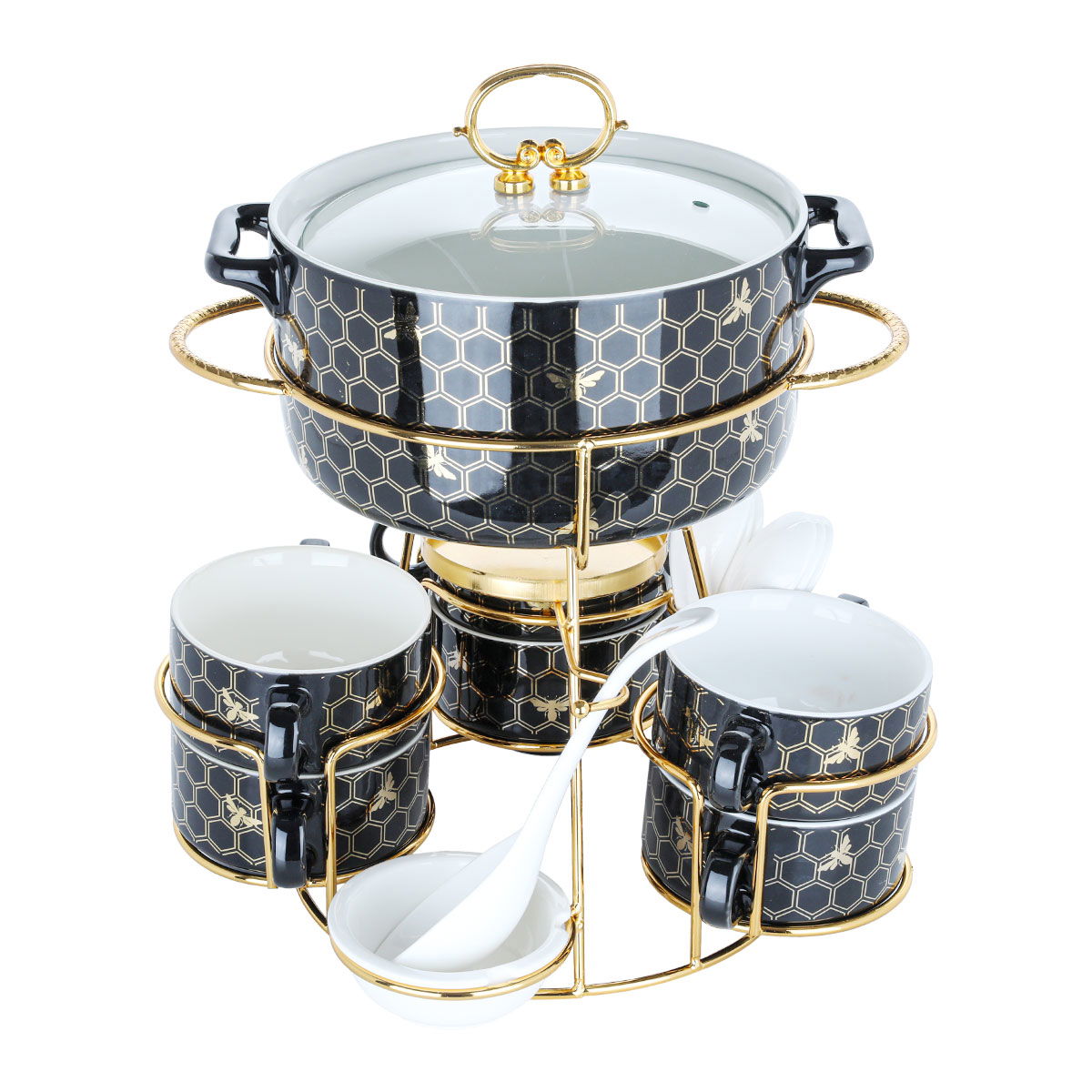 Al Saif Gallery Soup Heater Set With Porcelain Stand, 16 Pieces - Black Gold product image