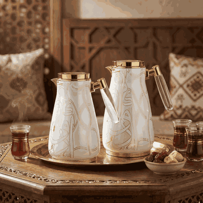Al Saif Gallery thermos set, 1/0.75 litre, two pieces, thermal glass inner container, steel outer shell - white product image 5
