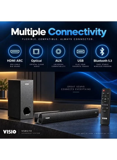ساوند بار لاسلكي فيسيو، 60 واط، 2 قناة، مضخم صوت، يدعم البلوتوث، ريموت كنترول، VSB210 - اسود product image 3