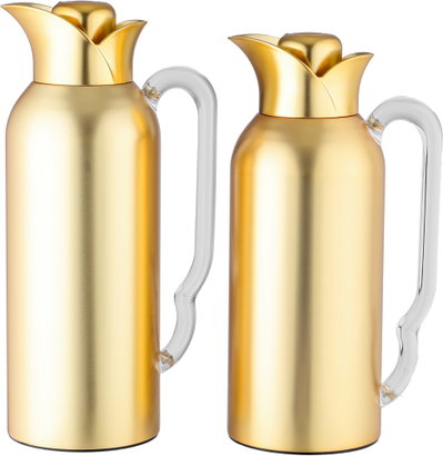 Al Saif Gallery TuwaiqThermos Set, 2 Pieces, 0.7/1 Liter, Glass Inner Material, Transparent Handle, Press Lid - Gold product image 2