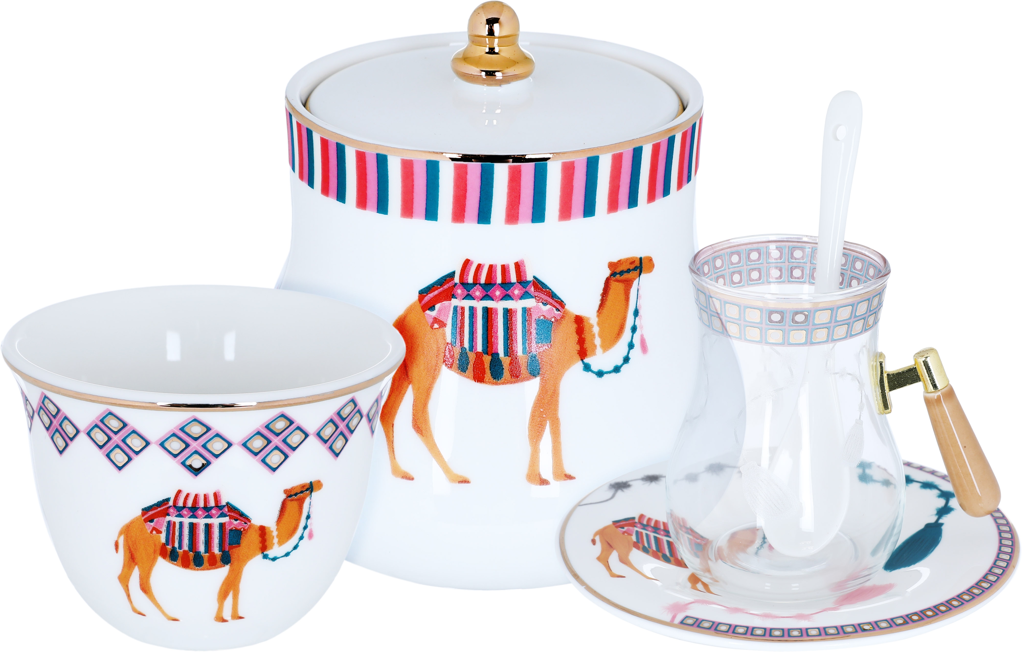 Al Saif Gallery Tarhal Glass + Porcelain Tea and Coffee Serving Set, 180+65 ml, 26 Pieces - Transparent product image