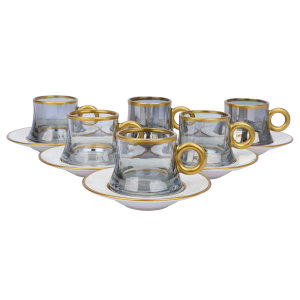 طقم فناجين قهوة زجاج السيف غاليري، يد مذهب، مع الصحن، 12قطعة - شفاف product image