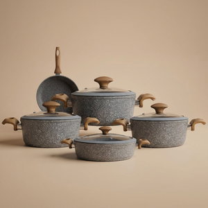 Falez set of granite pots with glass lid, 9 pieces, wooden handle - dark grey product image