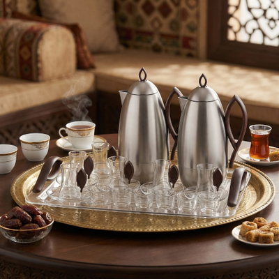 Al Saif Gallery Al Ola Thermos Set, 21 Pieces, with Serving Tray, Tea & Coffee Cups - Silver product image 11