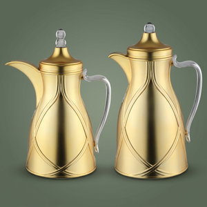 Al Saif Gallery Taif Thermos Set, 0.7/1 Liter, 2 Pieces, Glass Interior, Transparent Handle, Push-Button Lid - Matte Gold product image