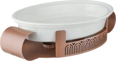 Al Saif Gallery Porcelain Food Warmer, 12 inches, 38x23x12 cm, Steel Base, Glass Lid, Oval - White Brown product image 3