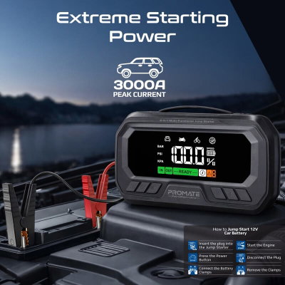 Promate Patrol Pack Alter 4-in-1 Multifunctional Car Jump Starter, Air Compressor, Built-in Power Bank, LED Flashlight, 65W, 150 lb Air Compressor, 7.5", LED Display, 3000 Amp - Black product image 3