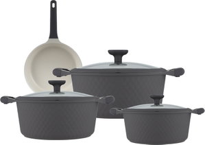 طقم قدور داي كاست الومنيوم روبوست، 7 قطع، غطاء زجاج، يد سيليكون - رمادي غامق product image