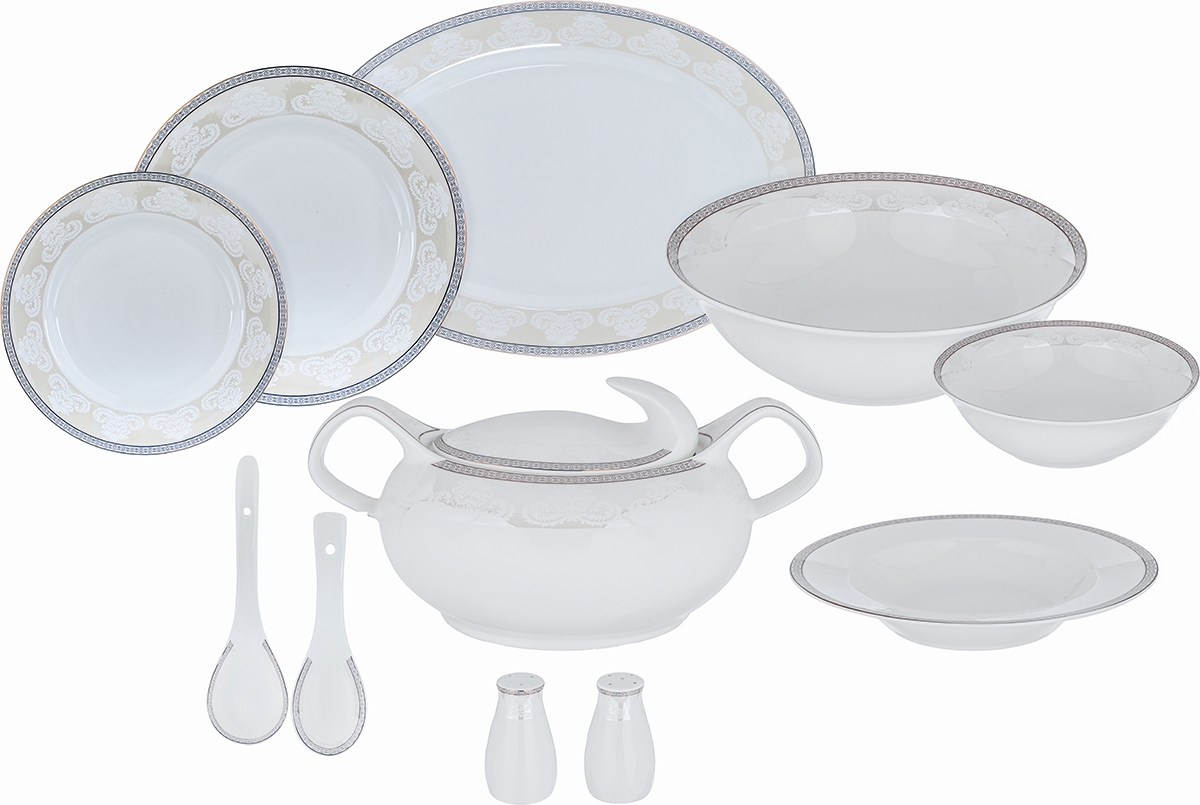 Dania Porcelain Dining Serving Set, 75 Pieces, Engraved - White product image 1