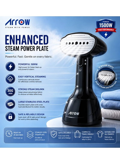 Arrow RO-50LPWQ Portable Steam Iron, 1500W, 280ml, 30g/min Steam Rate, Safe for All Fabrics - Black product image 4