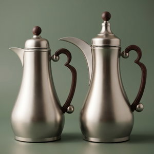 Al Saif Gallery Asalah Thermos Set, 2 pieces, 1/1 liter, glass interior, dark wood handle, push-button - silver product image