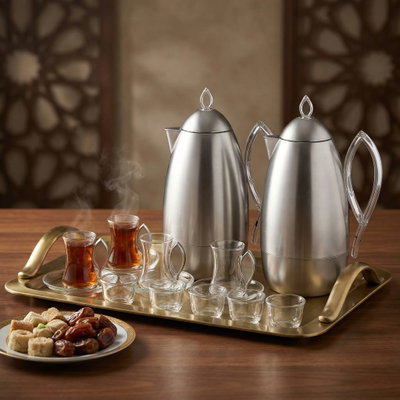 Al Saif Gallery Al Ola Thermos Set, 21 Pieces, with Serving Tray, Tea & Coffee Cups - Transparent Silver product image 10