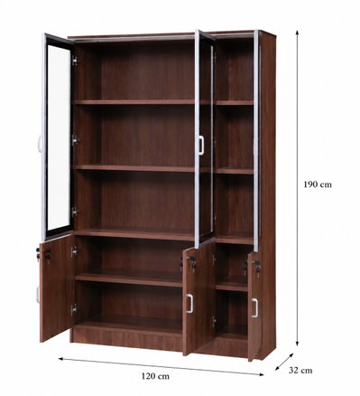 OW-110 MDF wood storage and display cabinet, 190×120×32 cm, 6 doors, 3 glass top doors, 3 wooden bottom doors, metal handles - Dark Brown product image 3