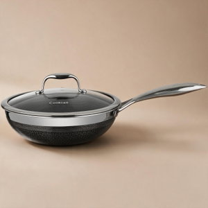 مقلاه سيراميك كوك سيل، 28 سم، يد استيل، غطاء زجاج - فضي اسود product image