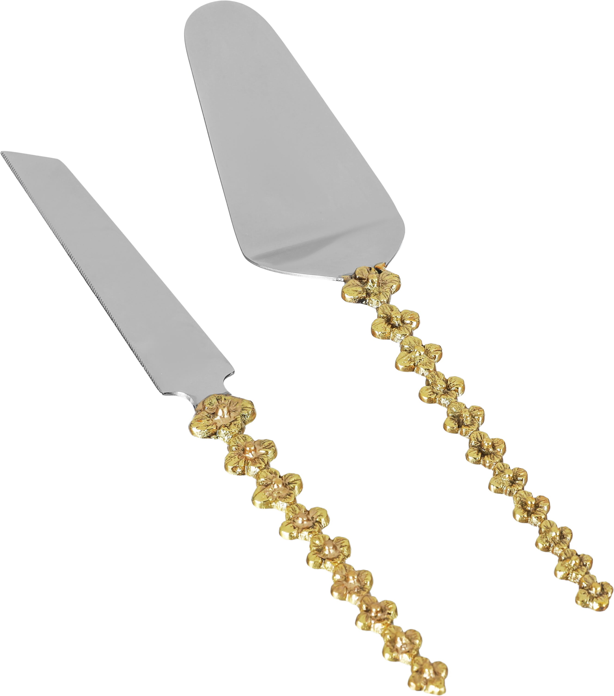 طقم سكين وملعقة تقديم الكيك استيل السيف غاليري، قطعتين، بمقبض بشكل ورود - فضي/ذهبي product image