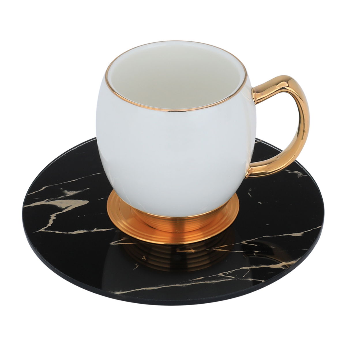 طقم فناجين قهوة بورسلان السيف غاليري، بيد وصحن رخامي أسود بذهبي، 12 قطعة - أبيض product image 2