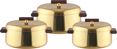 Al Saif Gallery Plastic Food Container Set, Stainless Steel Inner Material, 3 Pieces, Wooden Handle, Round - Gold product image 1