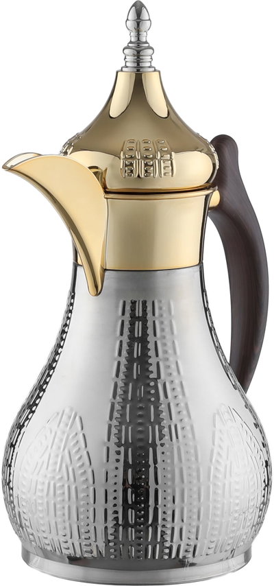 Al Saif Gallery Haila Thermos, 1 liter, wooden handle, steel inner case, steel outer case - silver gold product image 5
