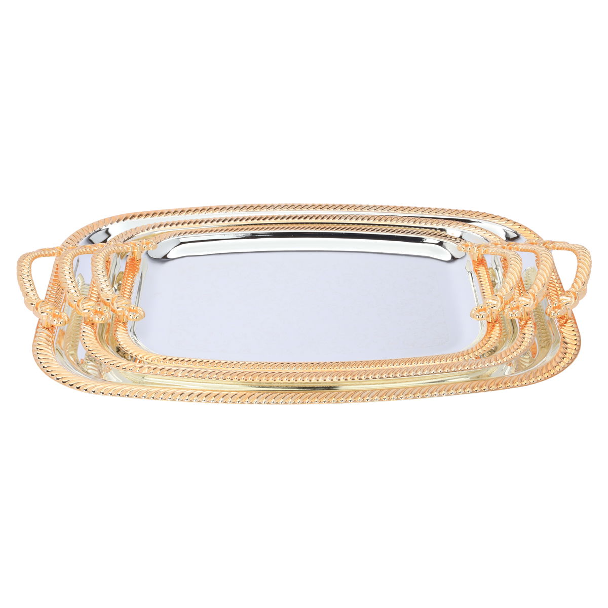 Al Saif Gallery steel tray set with golden edges, 3 pieces, rectangular, engraved - silver product image 2