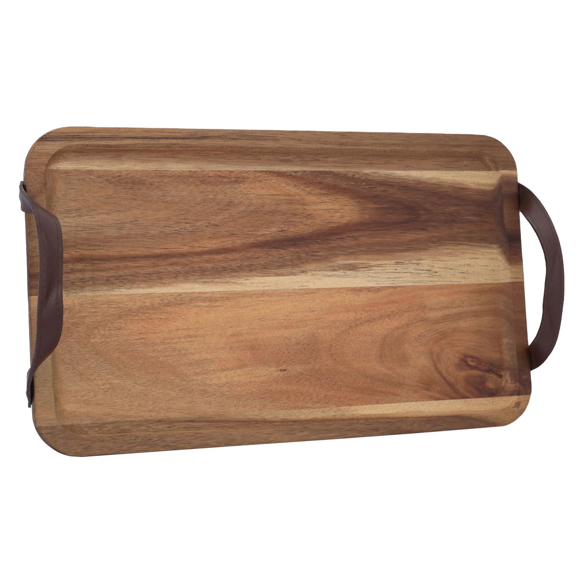Al Saif Gallery wooden serving tray, 35 x 20 x 2 cm, rectangular, with leather handle, large - dark brown product image