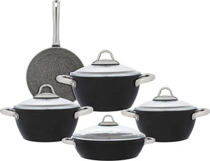 Estel Falz ribbed granite cookware set with glass lid, 9 pieces, 18 / 22 / 26 / 26 / (26) cm, Turkish - Black product image 2