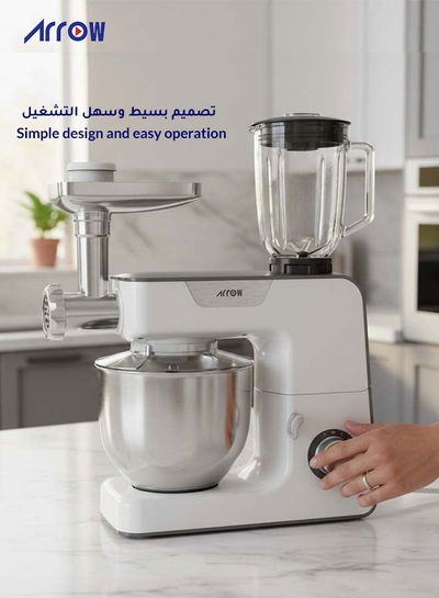 Arrow RO-06SMB 3-in-1 Stand Mixer, Grinder and Blender, 1000 Watts, 5.2 Liters, 8 Speeds - White product image 6