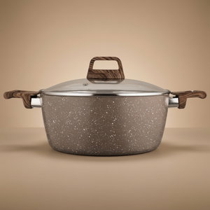 قدر طهي جرانيت روكي، 28 سم، عميق، مسكتي يد خشبي، غطاء زجاج - بني product image