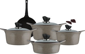 طقم قدور كوري جرانيت تورنادو، 9 قطع، غطاء زجاج - كابتشينو منقط product image