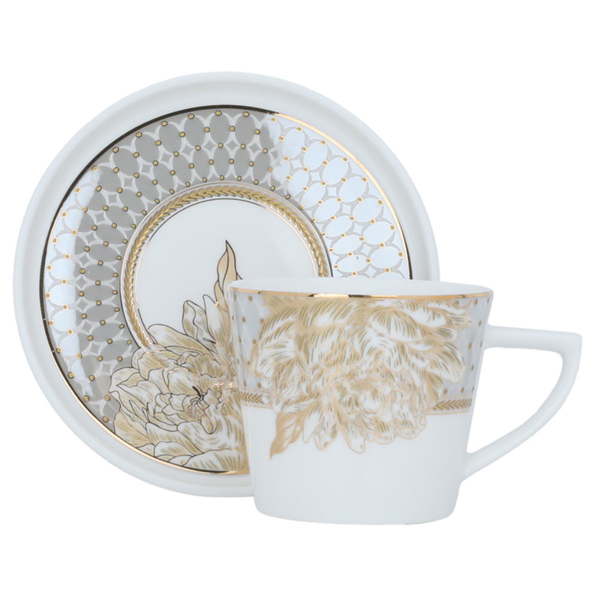 Al Saif Gallery porcelain coffee cup set, golden rose pattern, with saucer, 12 pieces - white product image 1