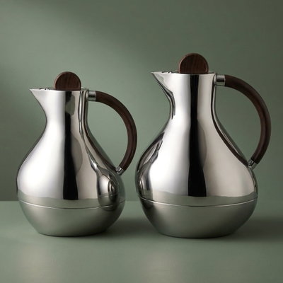 Al Saif Gallery Layal Thermos Set, 0.6/0.9 Liter, 2 Pieces, Glass Interior, Plastic Exterior, Wooden Handle, Push Button - Wooden Silver product image 1