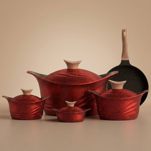 Newkline Titanium Granite Cookware Set, 9 Pieces, Wooden Handle - Dark Red product image