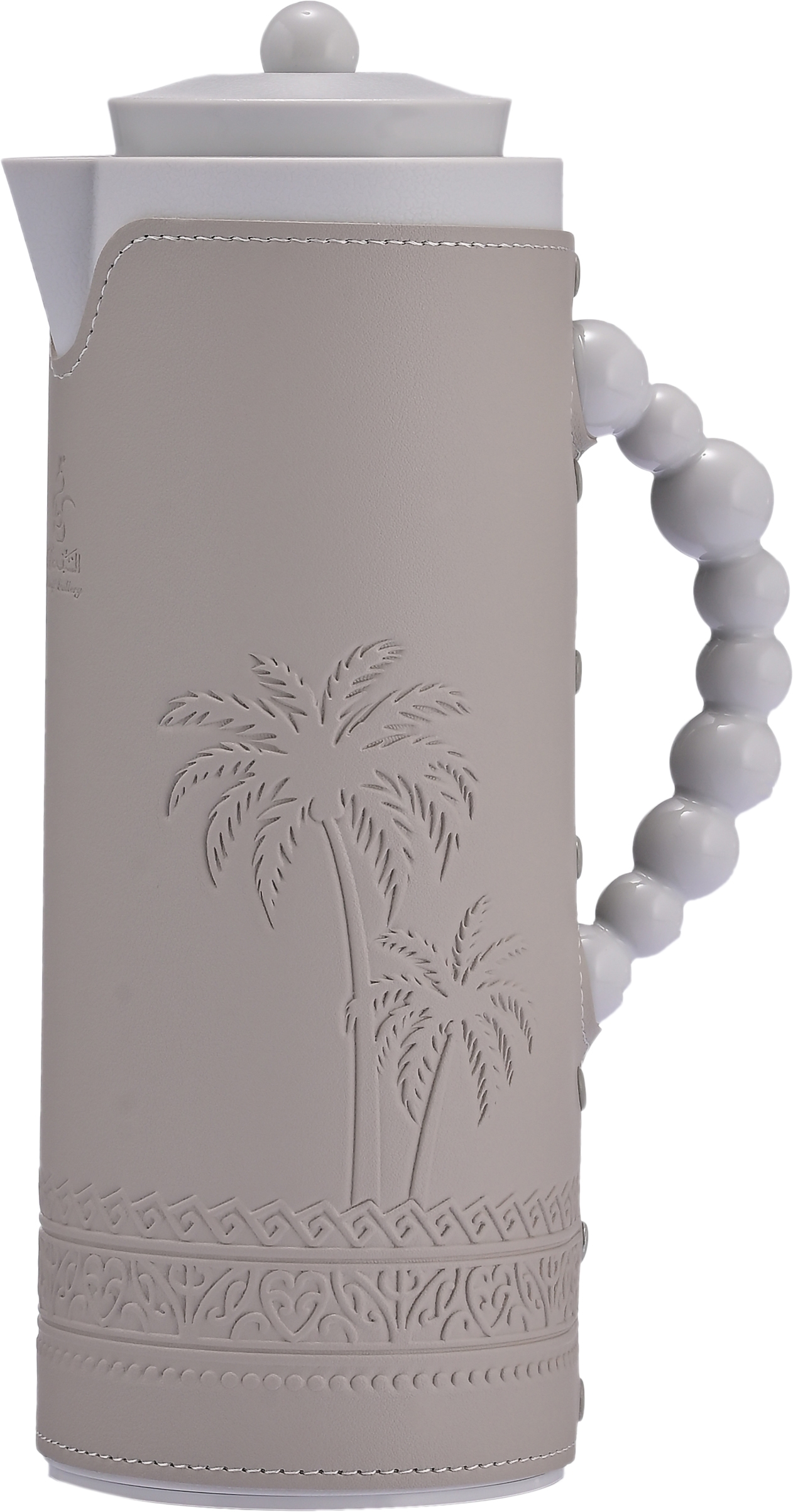 Al Saif Gallery Royal 7T thermos, 1 liter, leather covered, palm tree pattern, glass inner case, plastic outer body - light gray product image