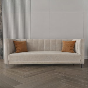 Modern Swedish wood sofa, 215x80x40 cm, velvet fabric - beige product image