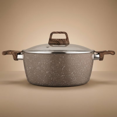 قدر طهي جرانيت روكي، 20 سم، عميق، مسكتي يد خشبي، غطاء زجاج - بني product image 1