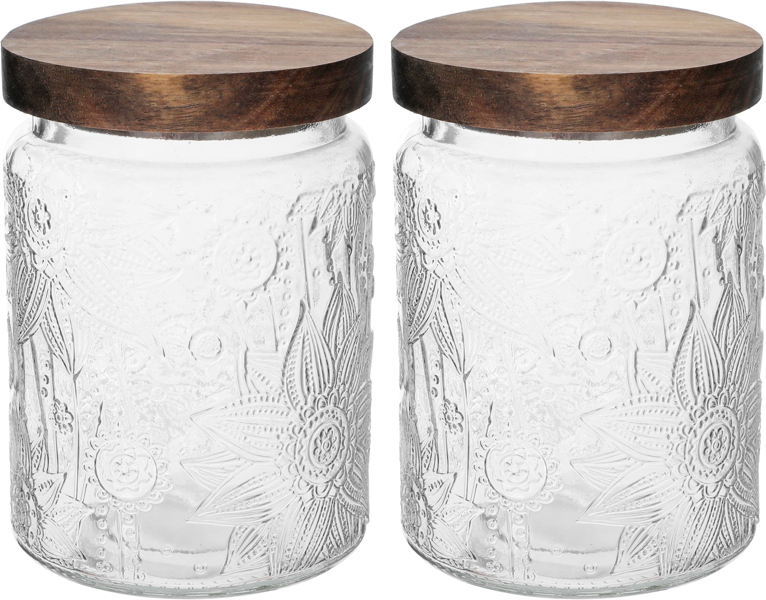 Wahj Elmasa Glass Jar Set, 750 ml, 2 Pieces, Wooden Embossed Lid - Clear Brown product image