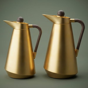 Al Saif Gallery Tarif Thermos Set, 1/0.7 Liter, Glass Interior, 2 Pieces, Dark Wooden Handle, Push-Button Lid - Gold product image