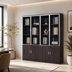 OW-110 MDF wood storage and display cabinet, 190×160×32 cm, 4 glass top doors, 4 wooden bottom doors, internal shelves - Wood Gray product image