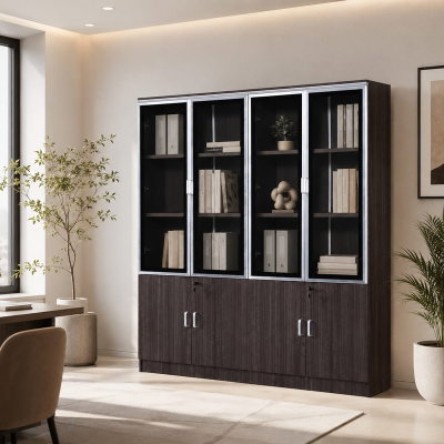 OW-110 MDF wood storage and display cabinet, 190×160×32 cm, 4 glass top doors, 4 wooden bottom doors, internal shelves - Wood Gray product image 1