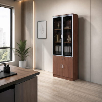OW-110 MDF wood storage and display cabinet, 190×80×32 cm, 4 doors, 2 glass tops, 2 wooden bottoms, metal handles - Light Brown product image 1