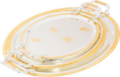 Al Saif Gallery steel tray set, 3 pieces, oval, gold-silver engraved product image 1